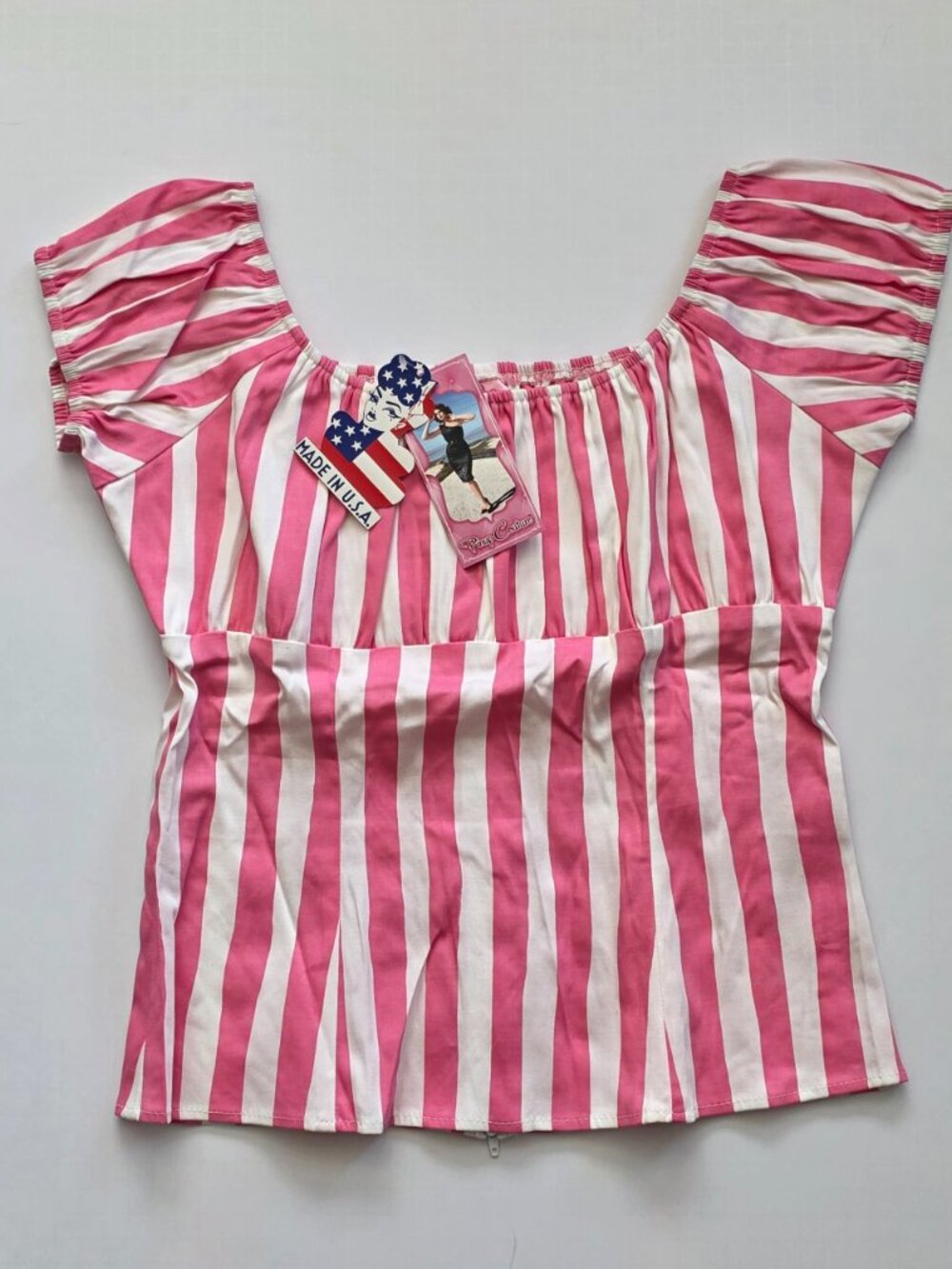 Pinup Couture Peasant Top in Baby Pink & White Stripe Size L NWT Retro Pinup - Picture 2 of 2
